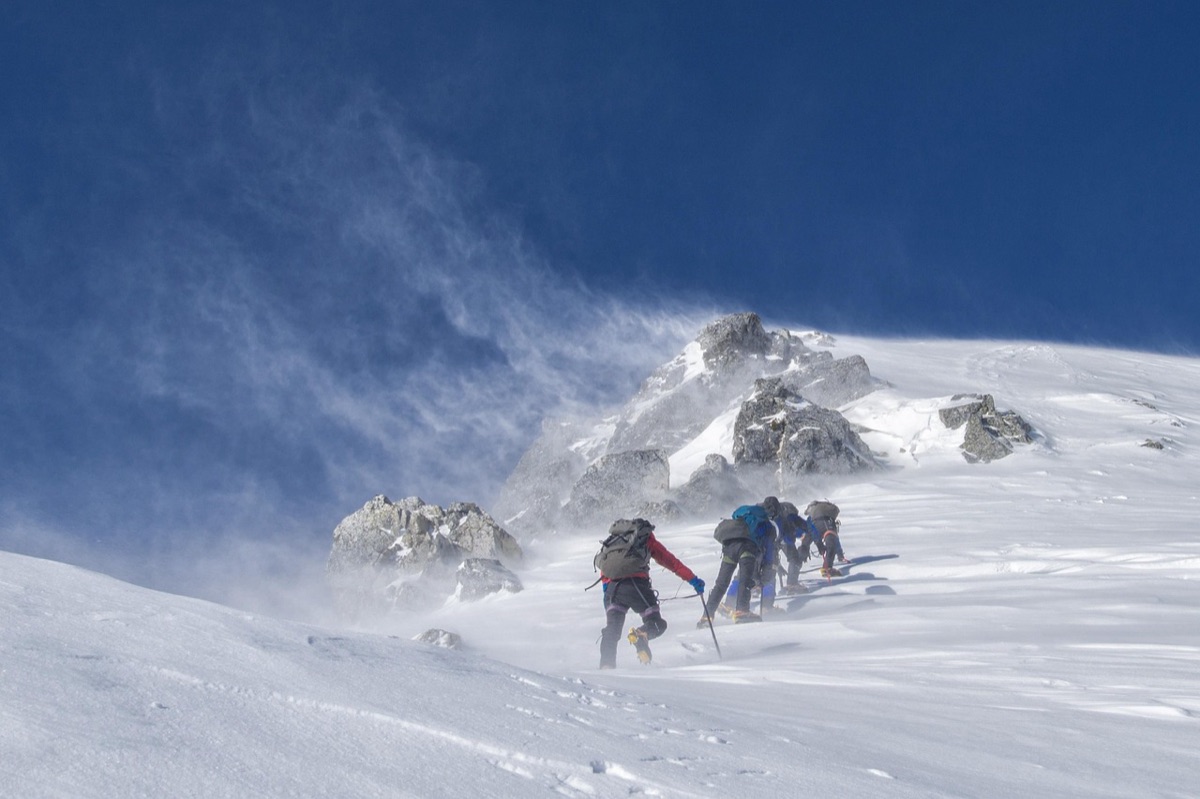 High altitude climbing helmet on snow slope